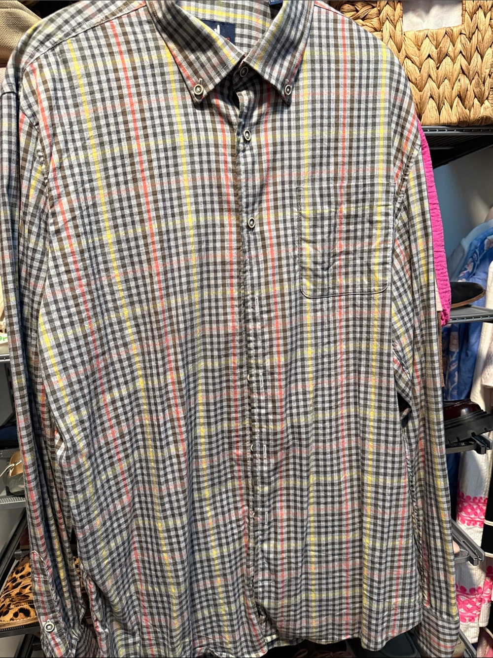 johnnie-O Gray Plaid Button-Down Shirt with Yellow & Red Stripes